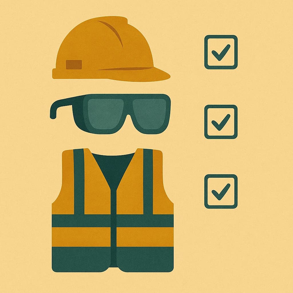 PPE-tjek: hjelm, briller, vest.